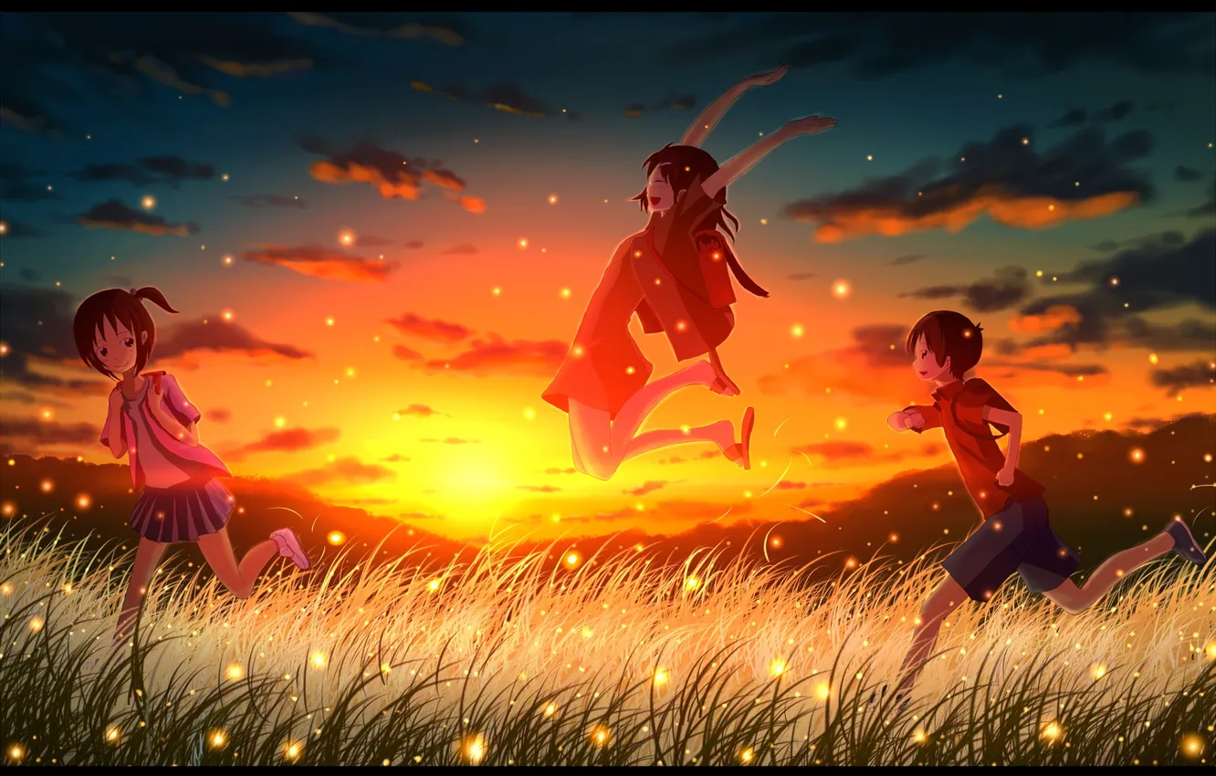 Photo wallpaper the sky, grass, clouds, sunset, mountains, nature, children, fireflies