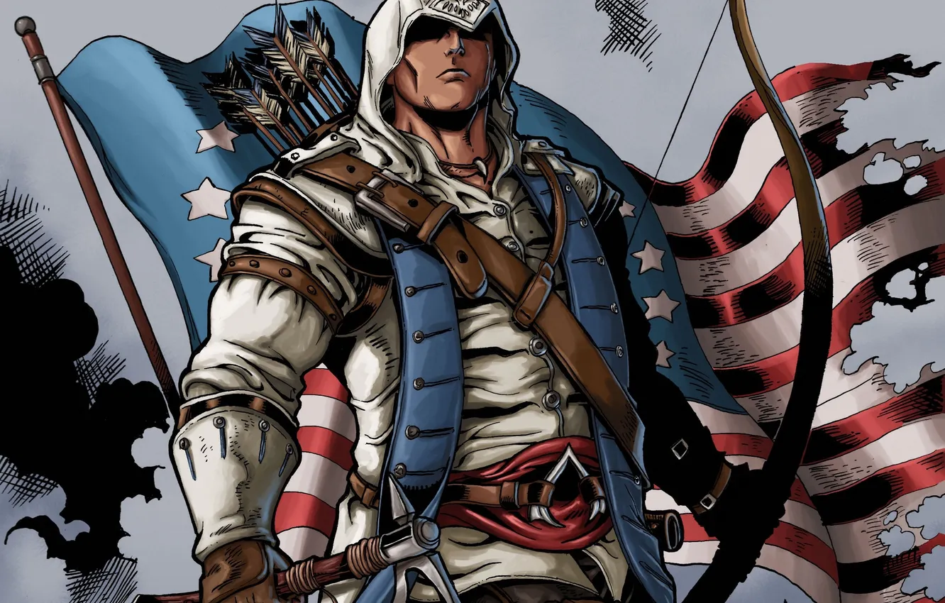 Photo wallpaper flag, bow, hood, arrow, killer, connor, assassin's creed 3, taper