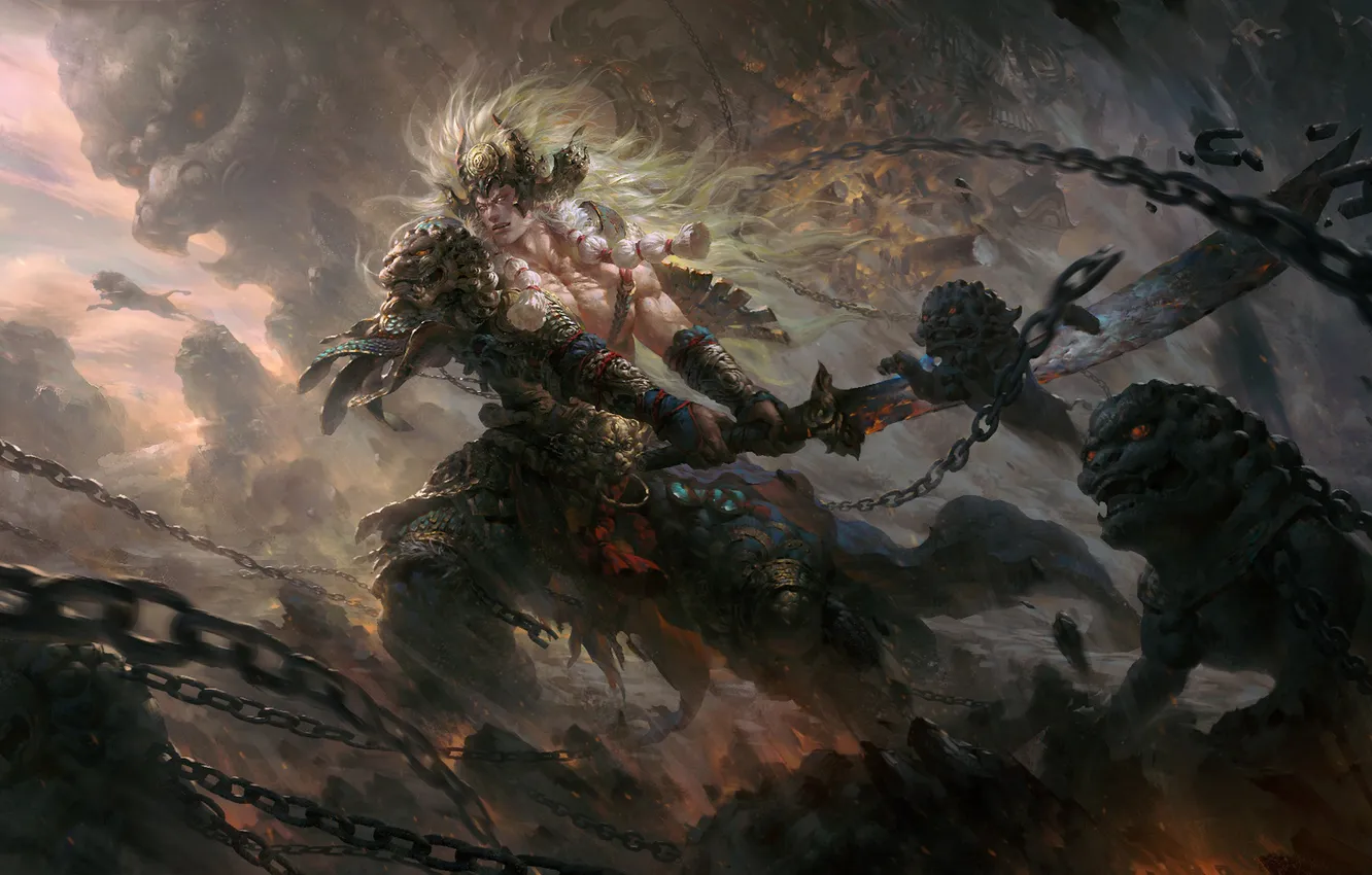 Photo wallpaper demon, sword, lion, warrior, chain
