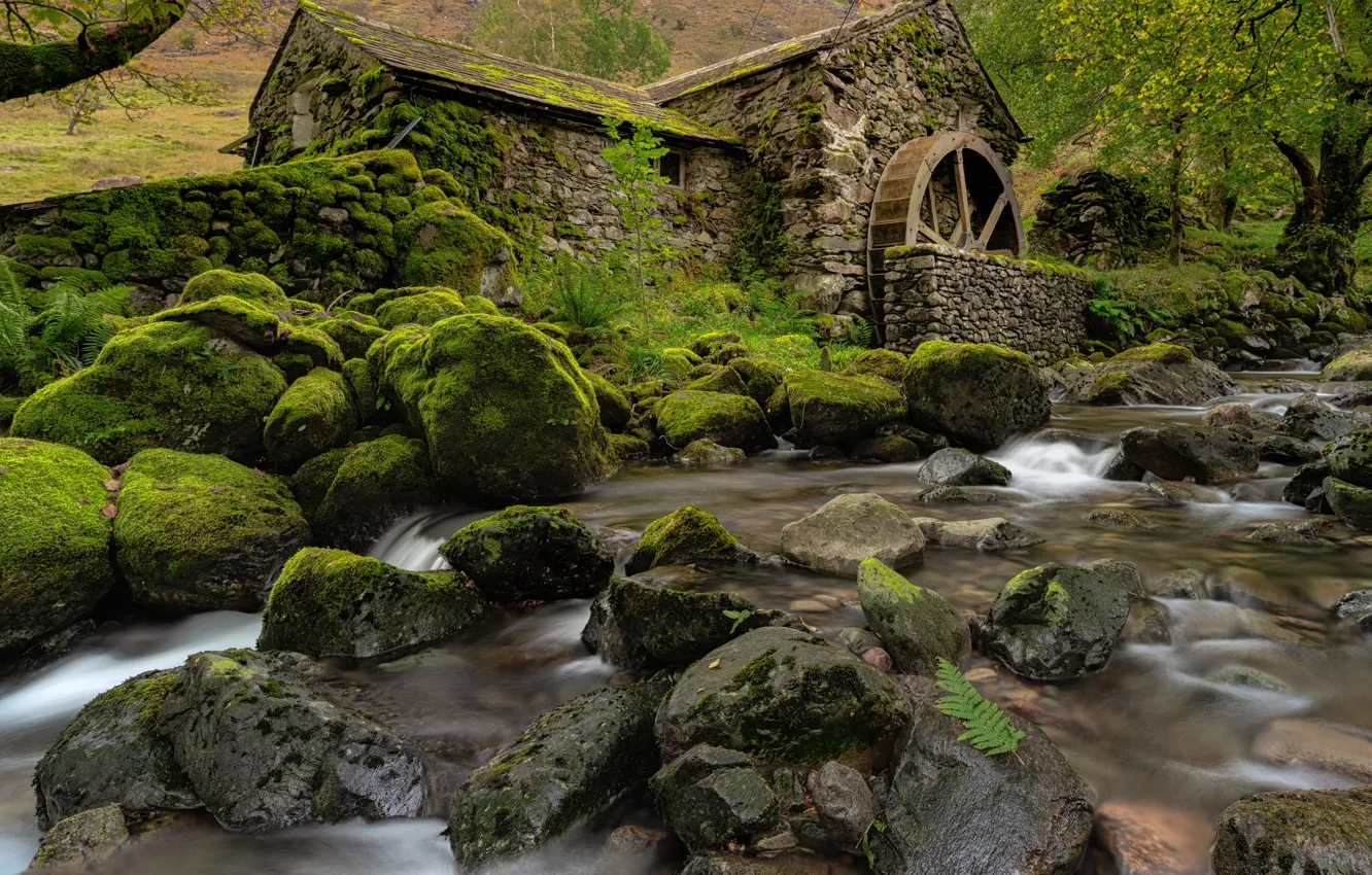 Photo wallpaper stones, England, moss, mill, river, England, Cumbria, Cumbria