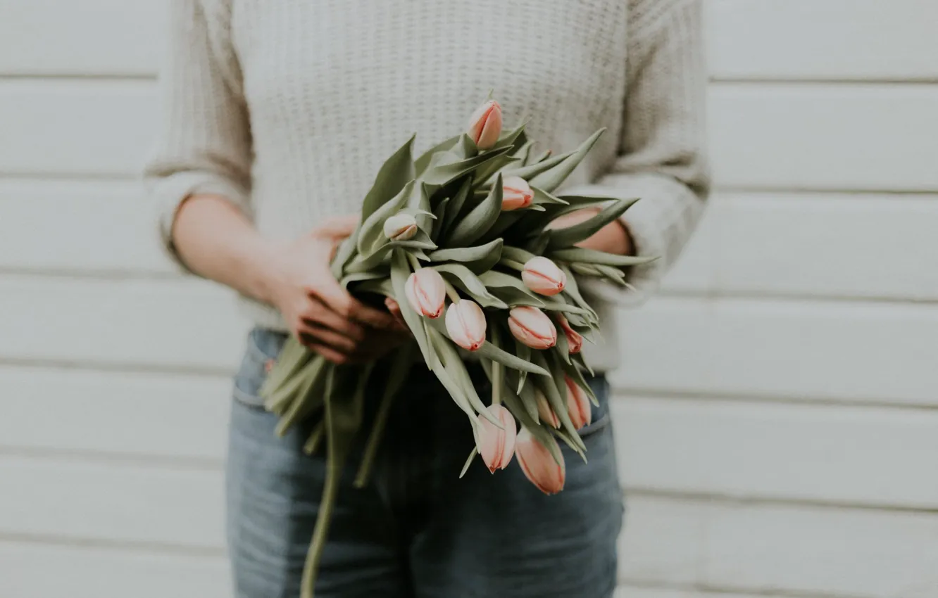 Photo wallpaper girl, flowers, hands, tulips