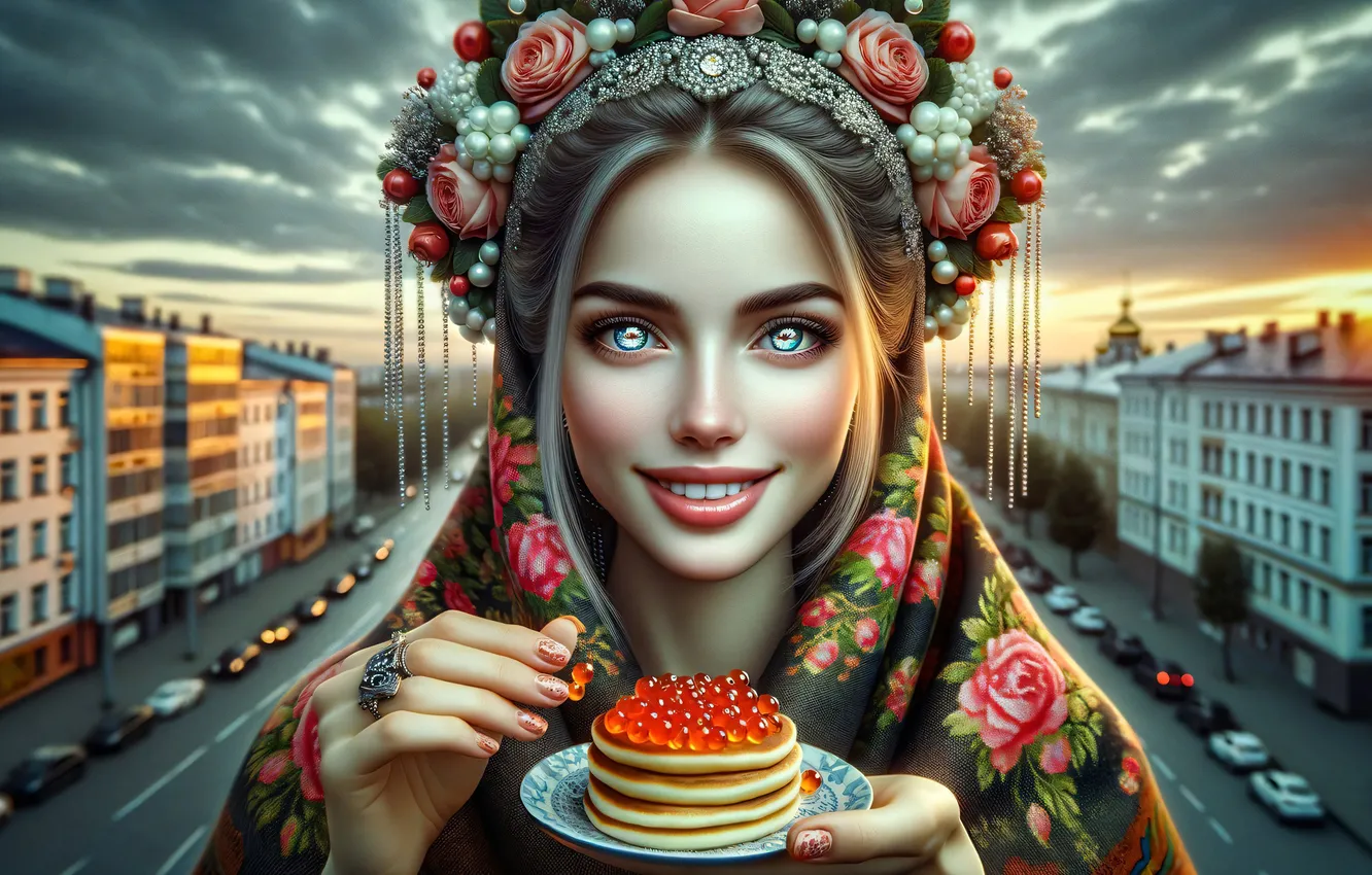 Photo wallpaper look, girl, smile, caviar, pancakes, Carnival