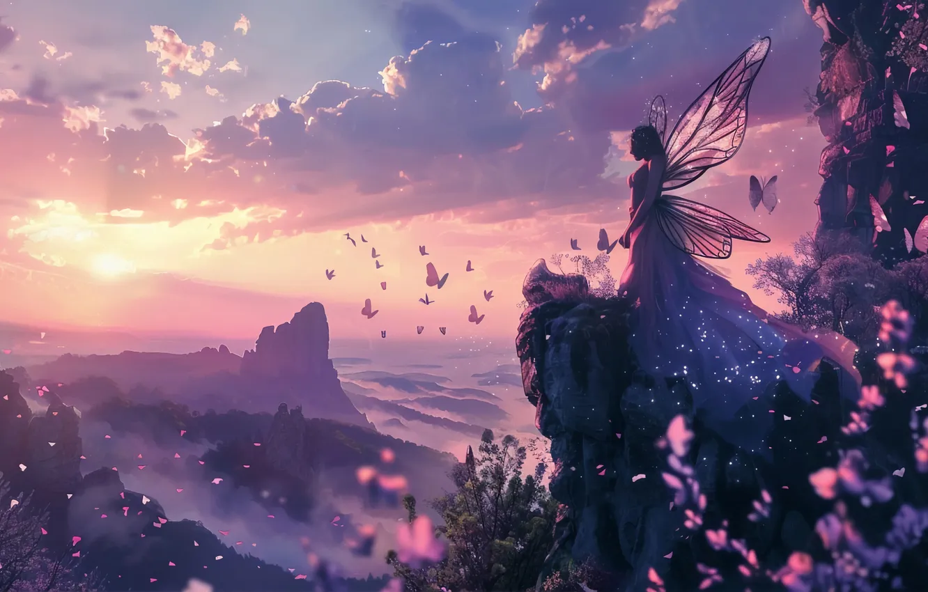 Photo wallpaper girl, clouds, mountains, dawn, butterfly, wings, dress, fairy