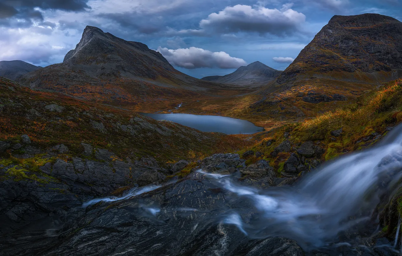 Photo wallpaper autumn, the sky, grass, clouds, mountains, lake, blue, stones