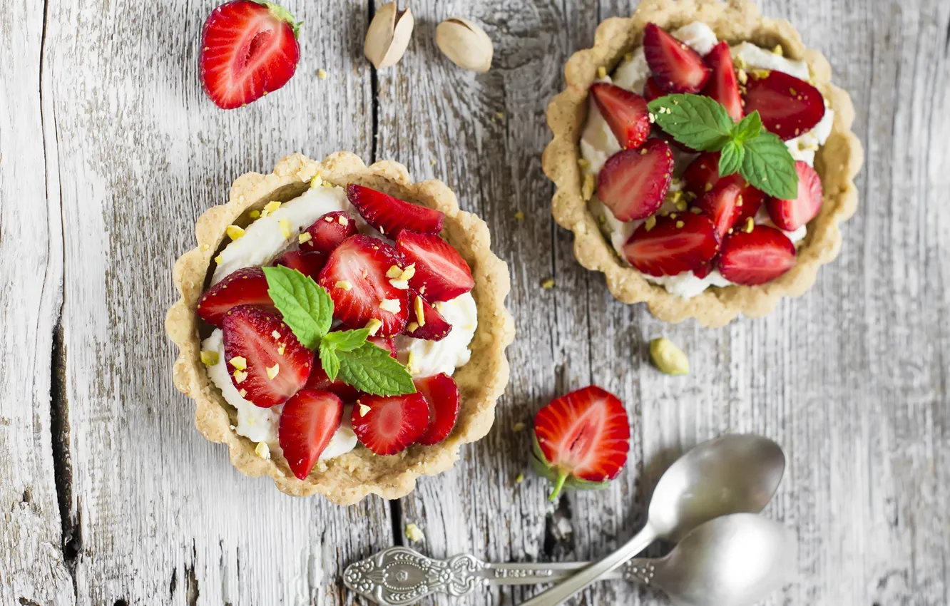 Photo wallpaper berries, strawberry, cake, nuts, dessert, tartlets