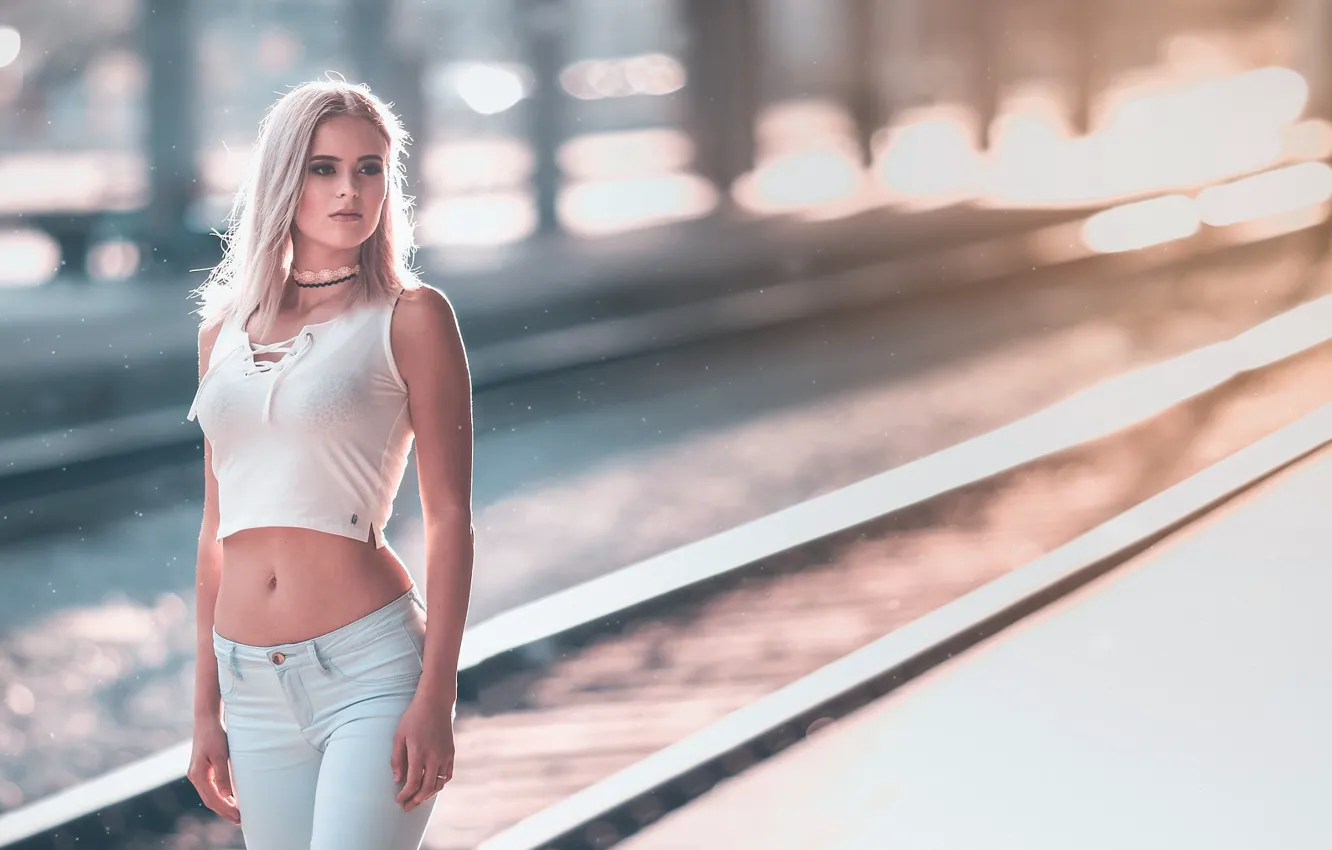 Photo wallpaper girl, Model, photo, jeans, blonde, top, belly, tummy
