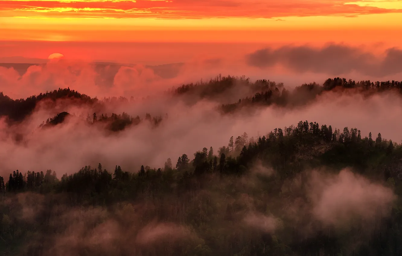 Photo wallpaper clouds, sunset, bright red, the sky is on fire