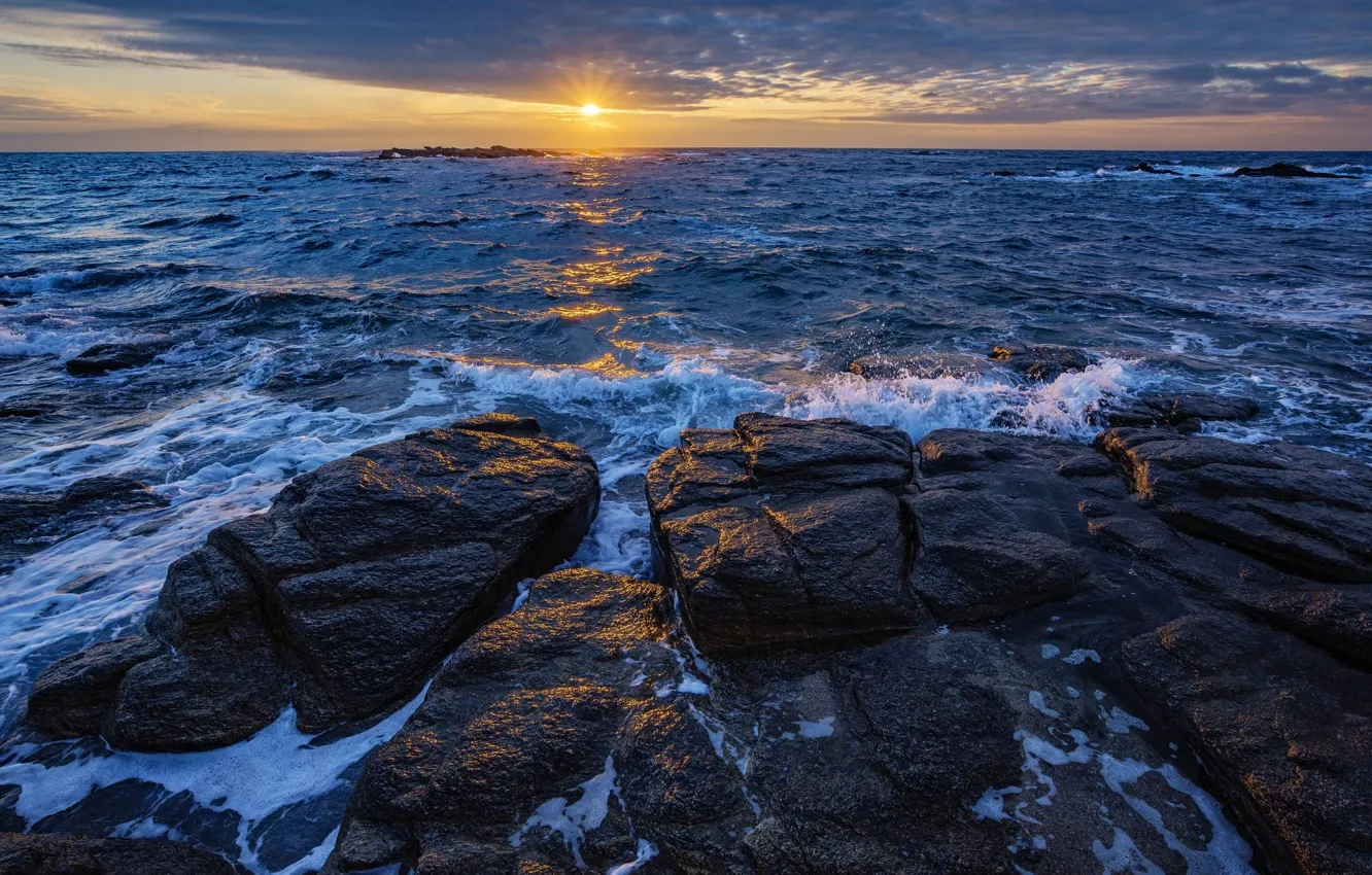 Photo wallpaper sea, the sun, sunset, stones, coast