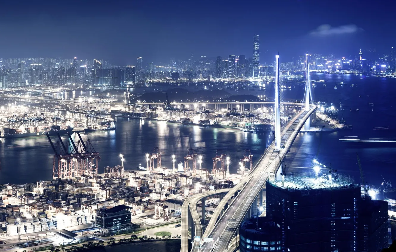 Photo wallpaper bridge, city, the city, lights, port, night city, port, night city