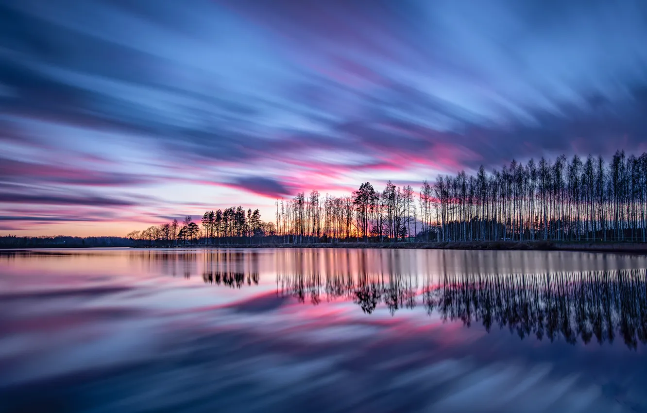 Photo wallpaper the sky, trees, sunset, lake, reflection, Sweden