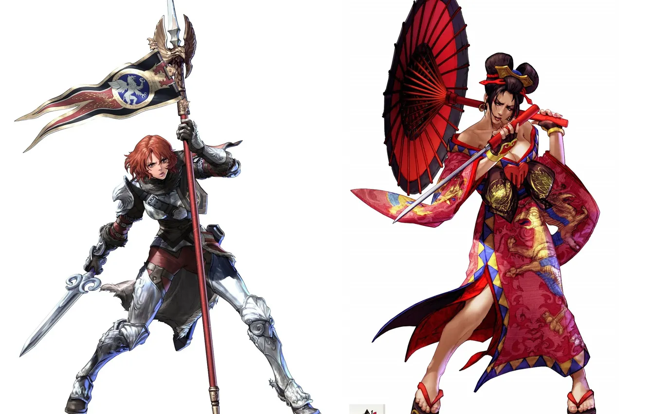 Photo wallpaper sword, katana, armor, umbrella, white background, kimono, Soul Calibur, banner