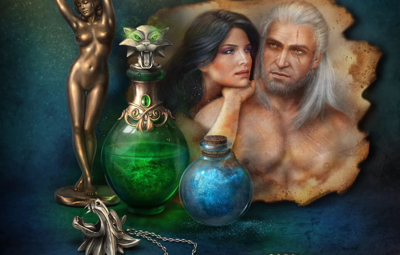 Photo wallpaper woman, pair, male, figurine, still life, The Witcher, potion, bottles
