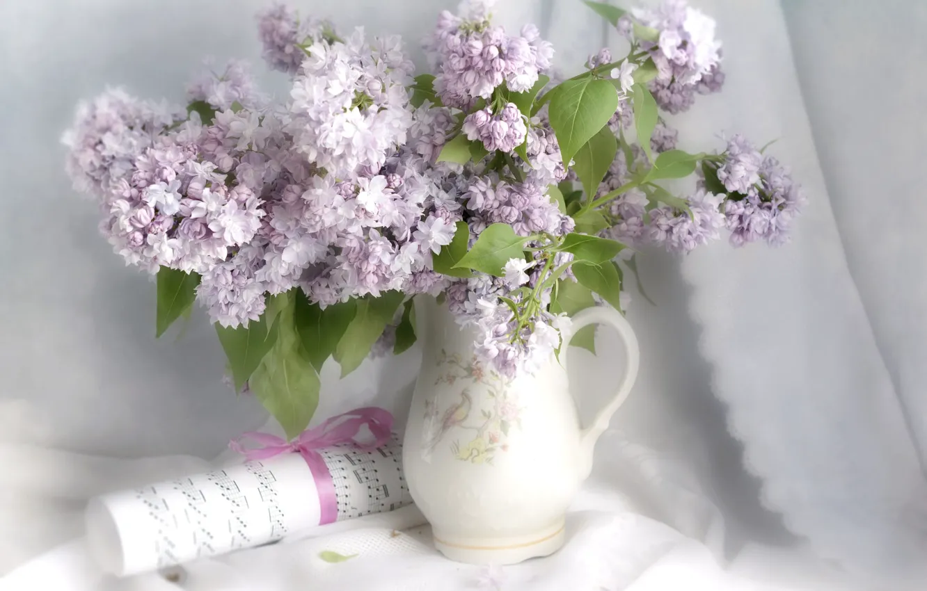 Photo wallpaper light, flowers, notes, bouquet, spring, fabric, vase, pitcher