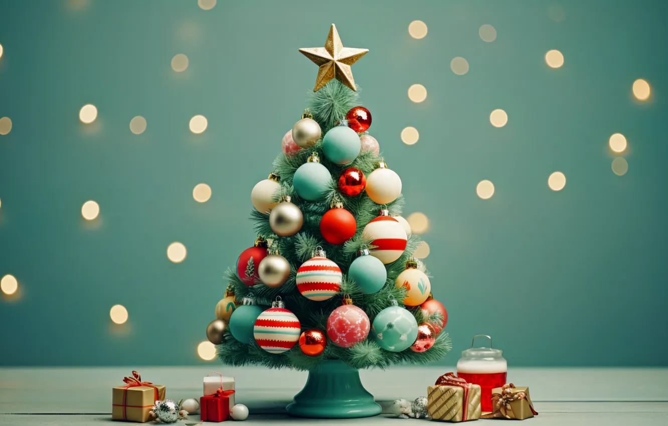 Photo wallpaper decoration, balls, tree, New Year, Christmas, gifts, new year, happy