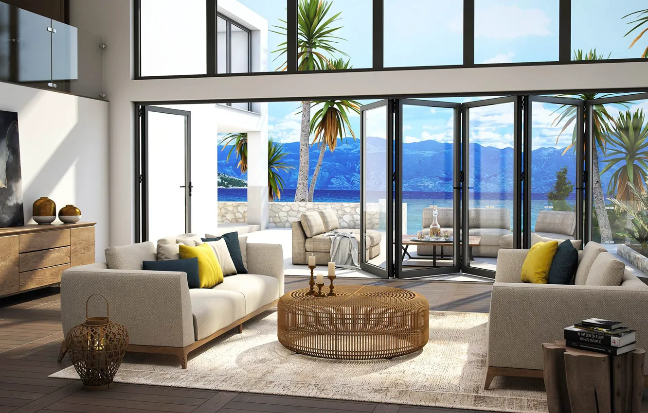 Photo wallpaper Villa, interior, terrace, living room