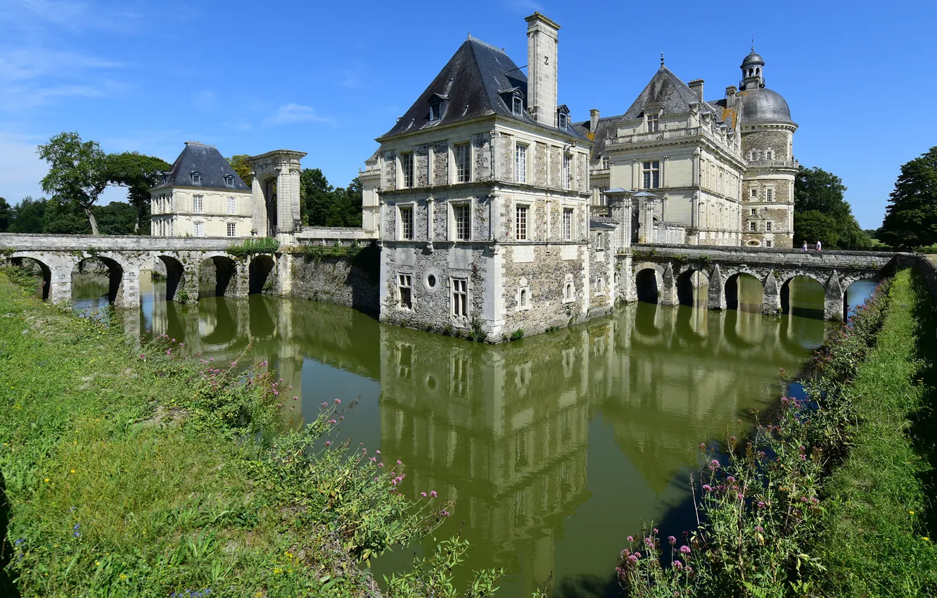 Photo wallpaper bridge, pond, castle, France, Castle of Serrant