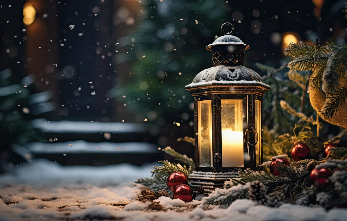 Photo wallpaper winter, snow, decoration, night, new year, Christmas, lights, light