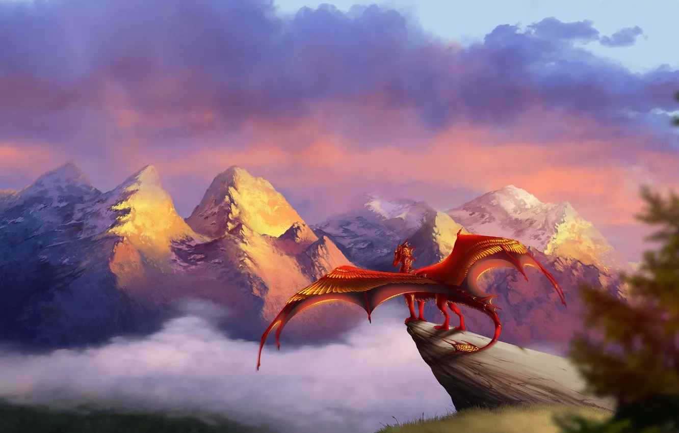 Photo wallpaper the sky, mountains, fiction, wings, art, red dragon