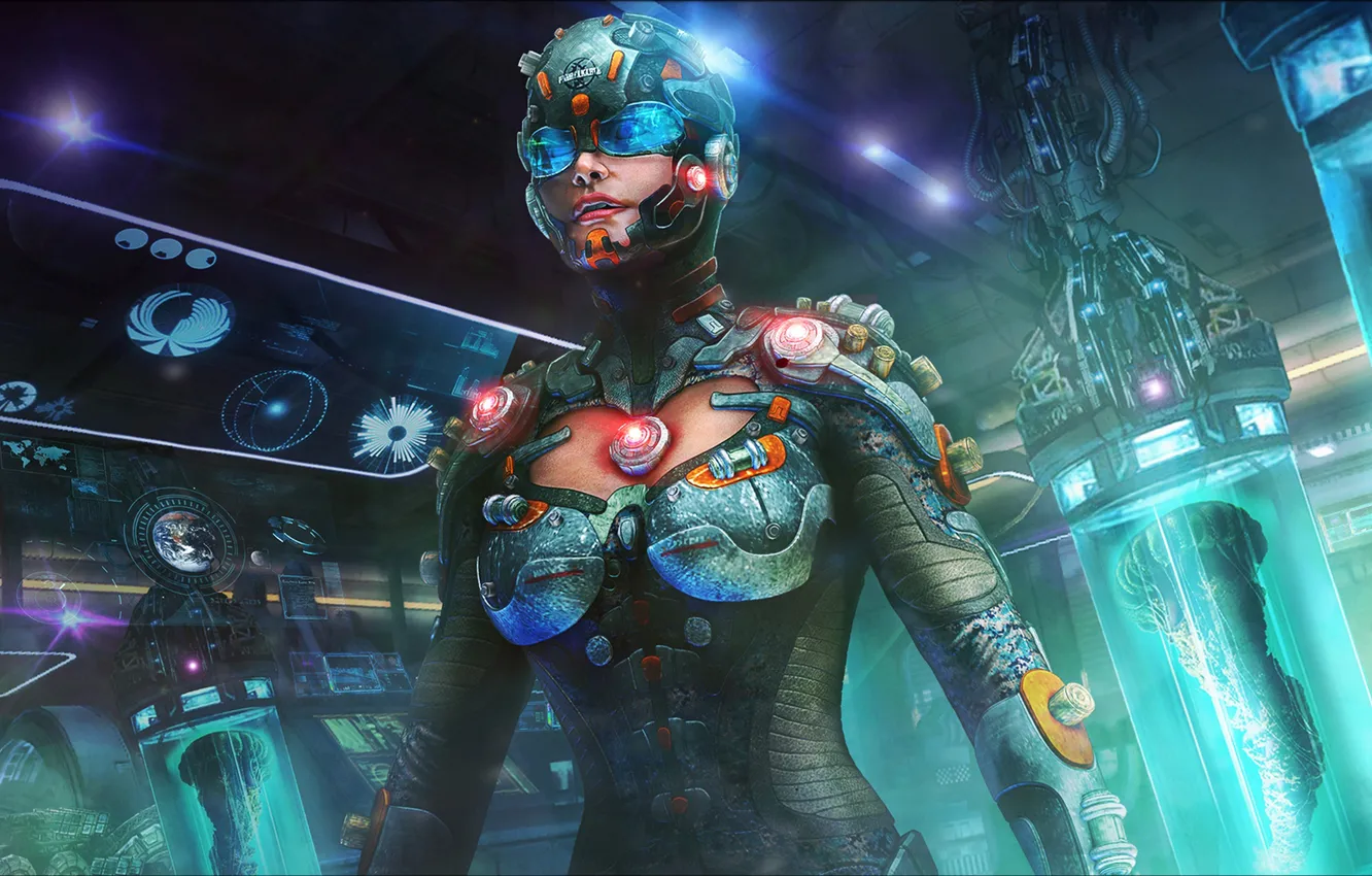 Photo wallpaper fiction, woman, costume, helmet, laboratory, art