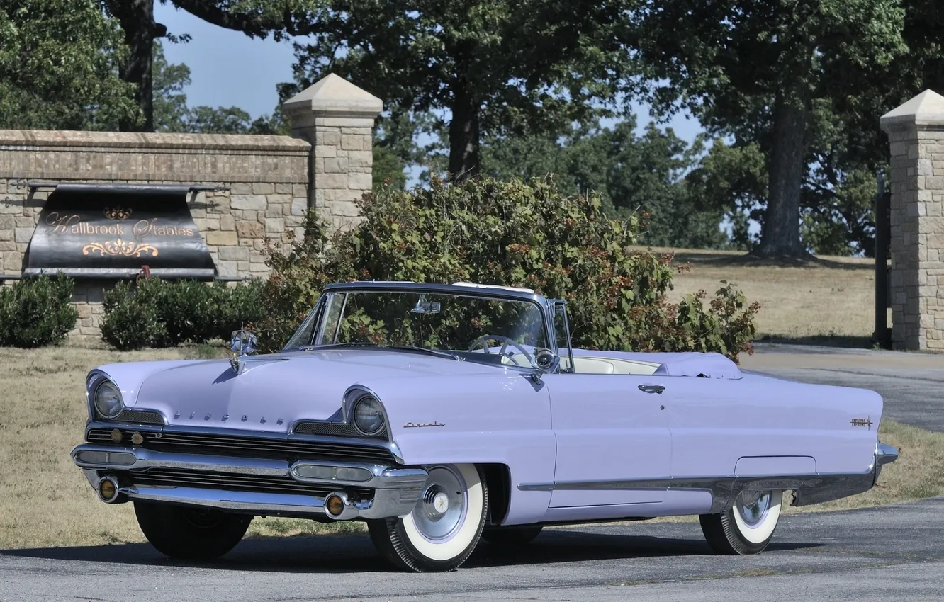 Photo wallpaper Lincoln, trees, background, the fence, convertible, the front, Convertible, 1956
