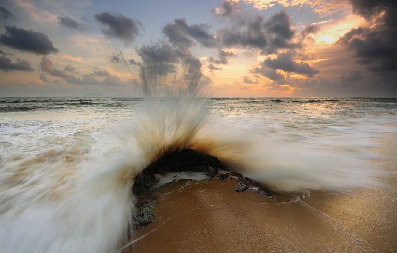Photo wallpaper sea, sunset, squirt, shore, wave, surf