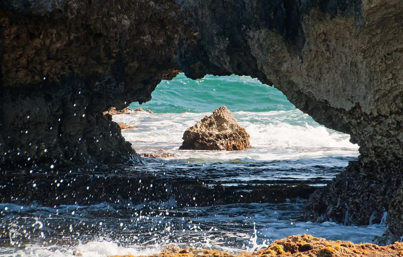Photo wallpaper sea, wave, squirt, rocks