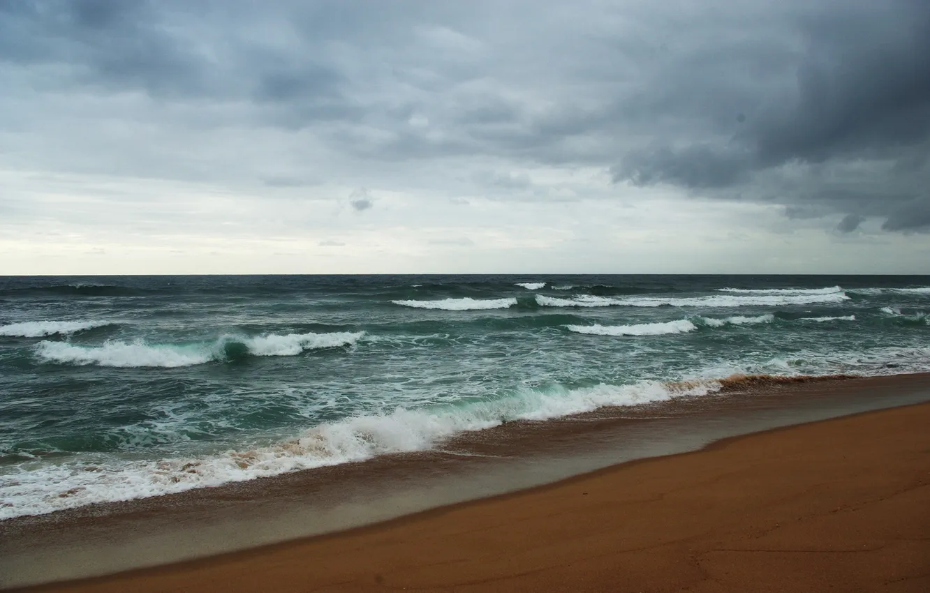 Photo wallpaper sand, sea, wave, beach, the sky, water, clouds, landscape