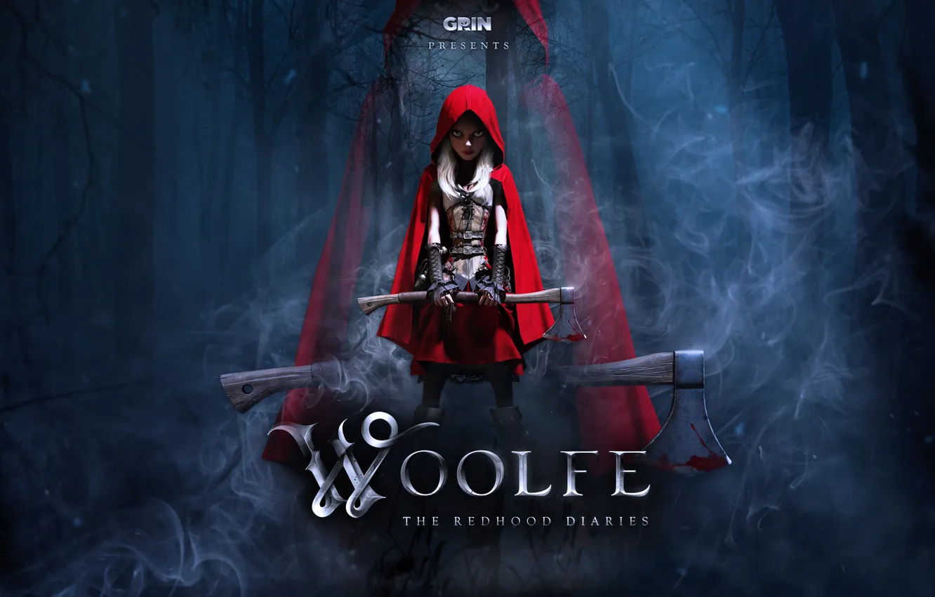 Photo wallpaper forest, little red riding hood, girl, axe, grin, Woolfe - The Red Hood Diaries