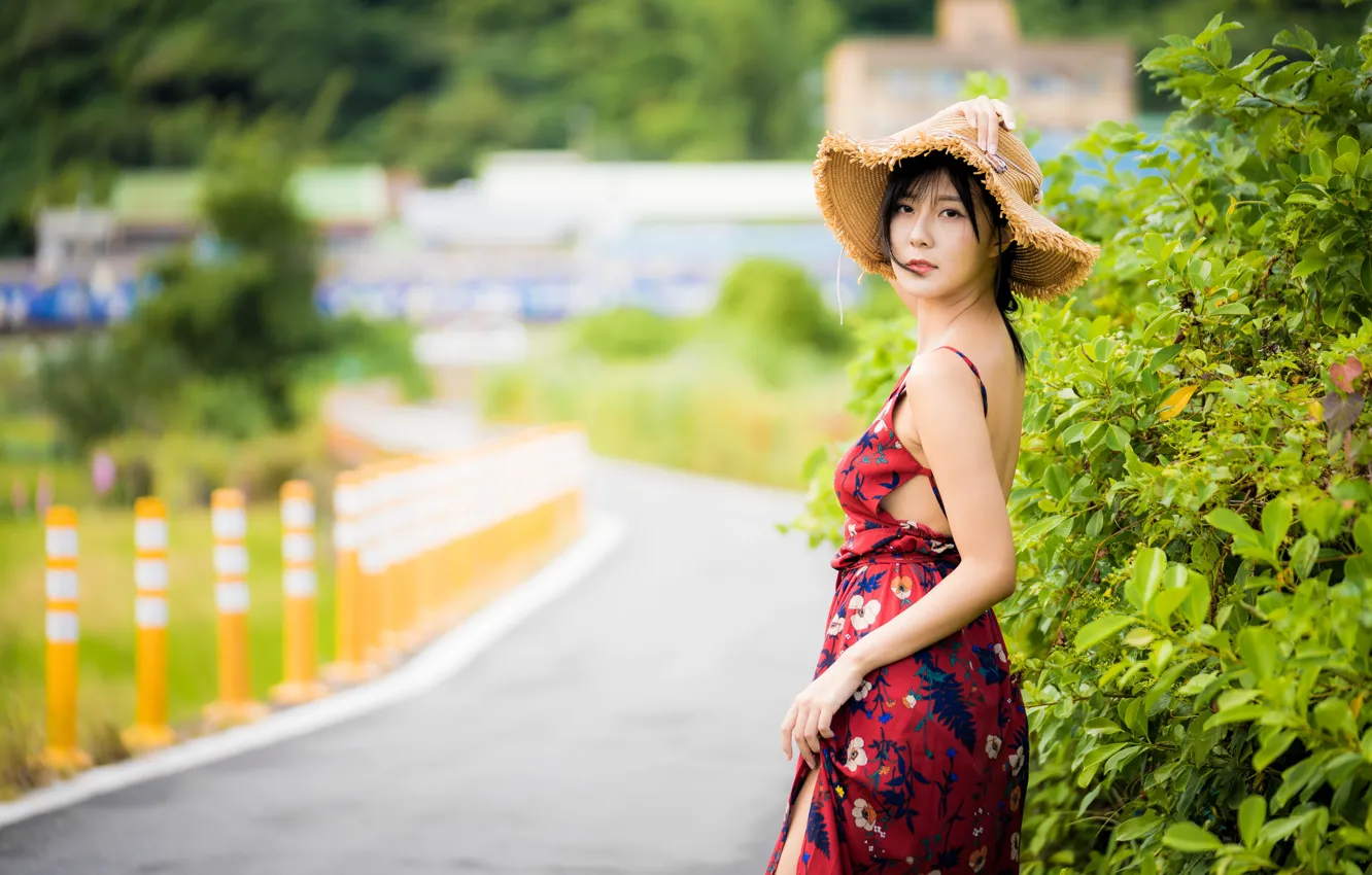 Photo wallpaper girl, hat, dress, Asian, bokeh