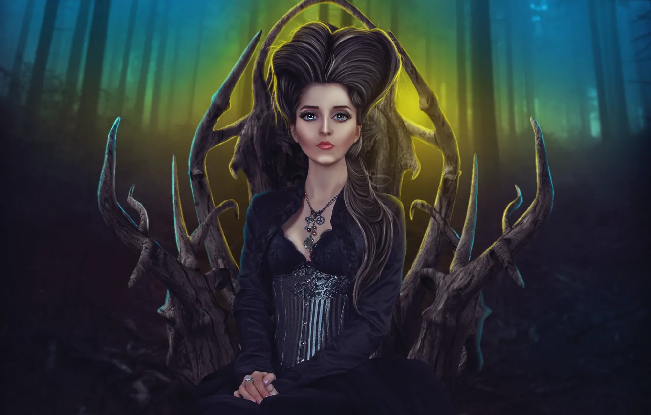 Photo wallpaper forest, look, girl, fiction, dress, art, hairstyle, sitting