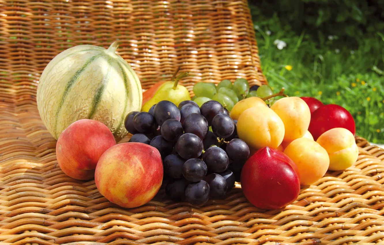Photo wallpaper summer, berries, food, grapes, pear, fruit, Sunny, peaches
