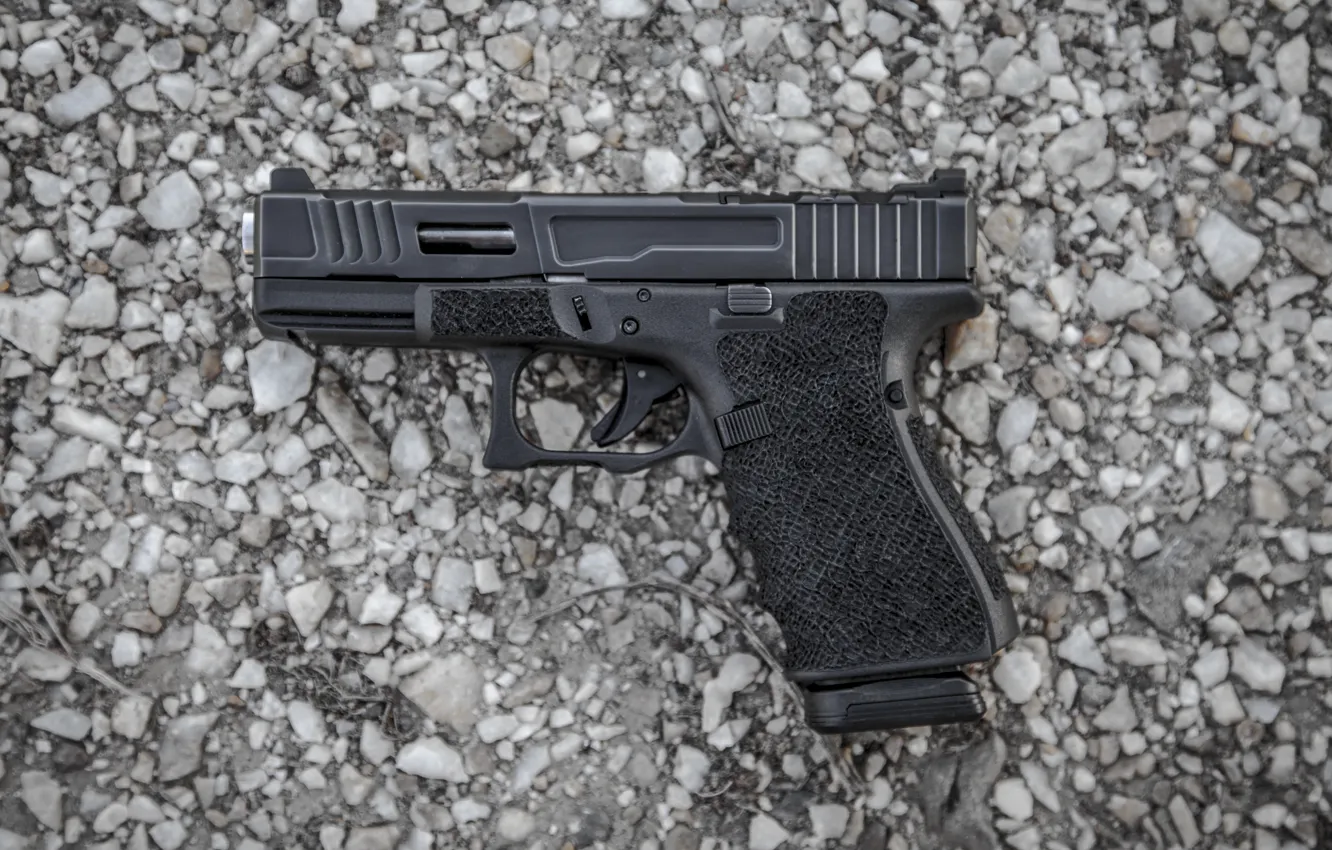 Photo wallpaper gun, gravel, Glock 19, self-loading