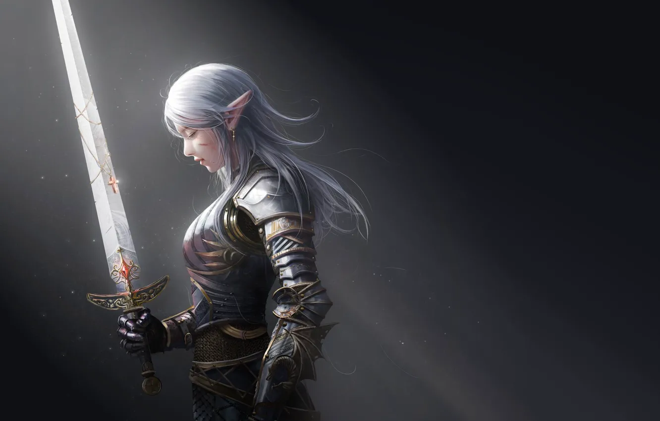 Photo wallpaper girl, fiction, elf, sword, armor, blonde, girl, sword