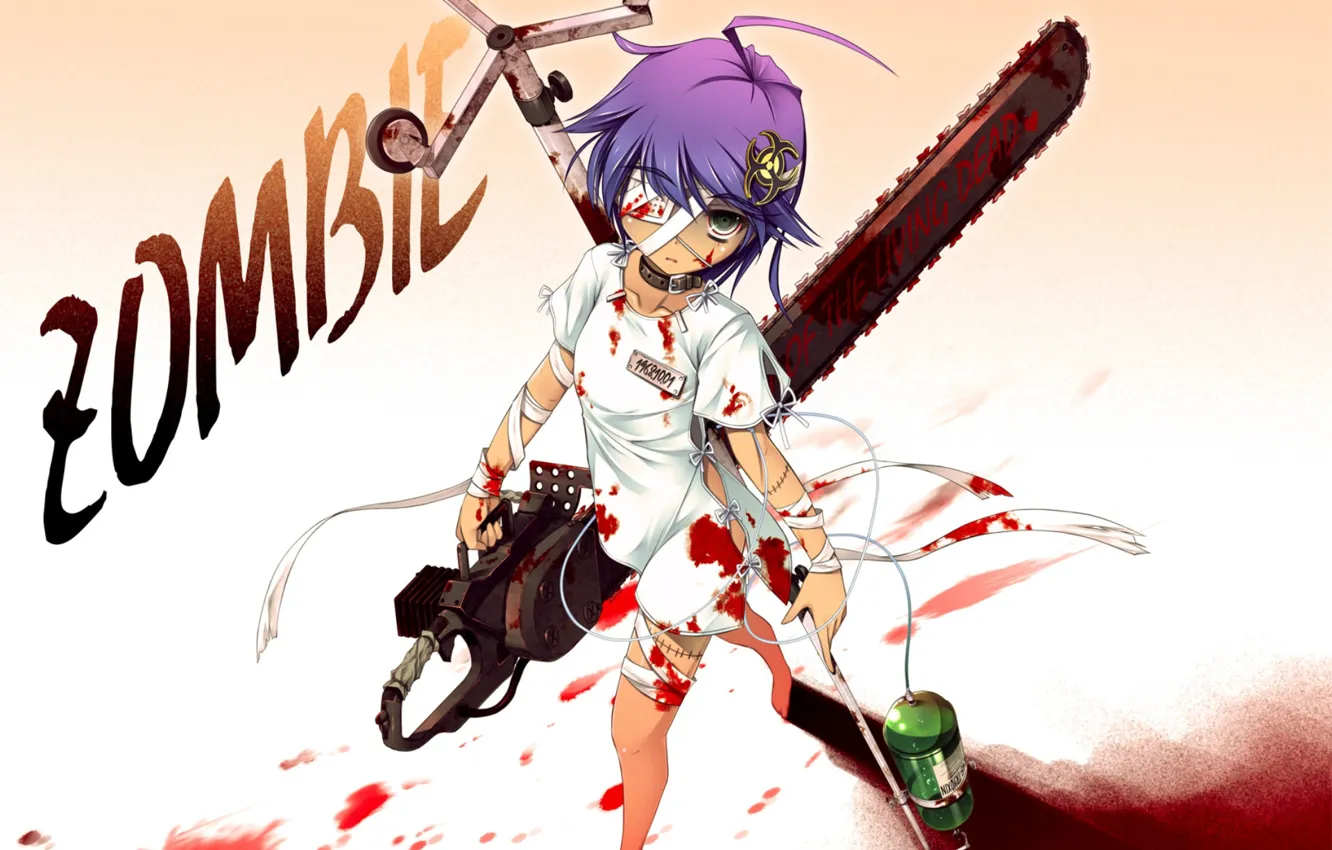 Photo wallpaper zombie, scar, art, chainsaw, bandages, eye patch, dropper, a pool of blood