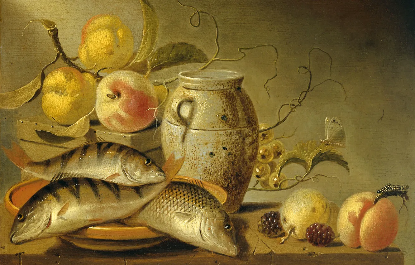 Photo wallpaper tree, oil, picture, Harmen van Steenwijk, Still life with Clay Pitcher, Fish and Fruits