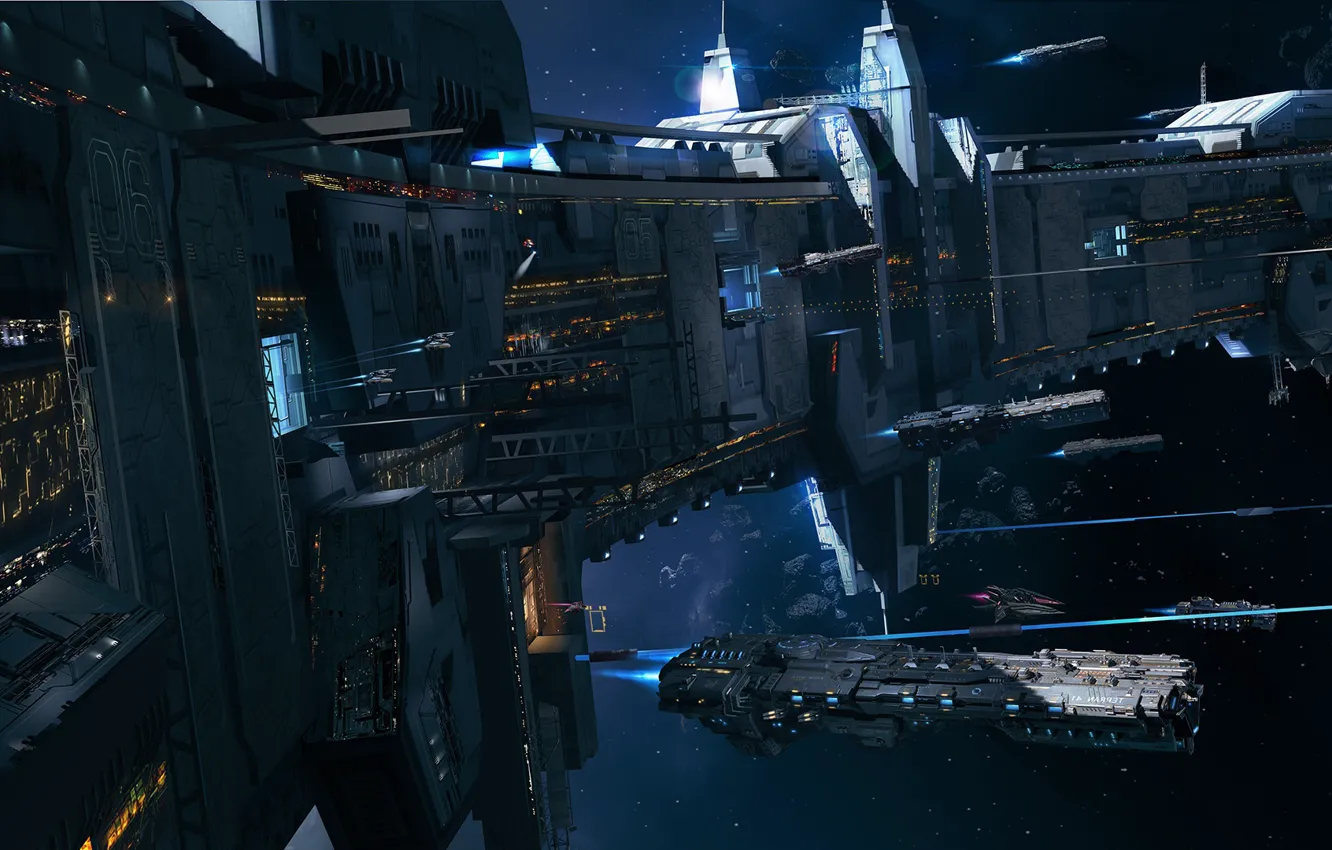 Photo wallpaper space, stars, ship, station, asteroids