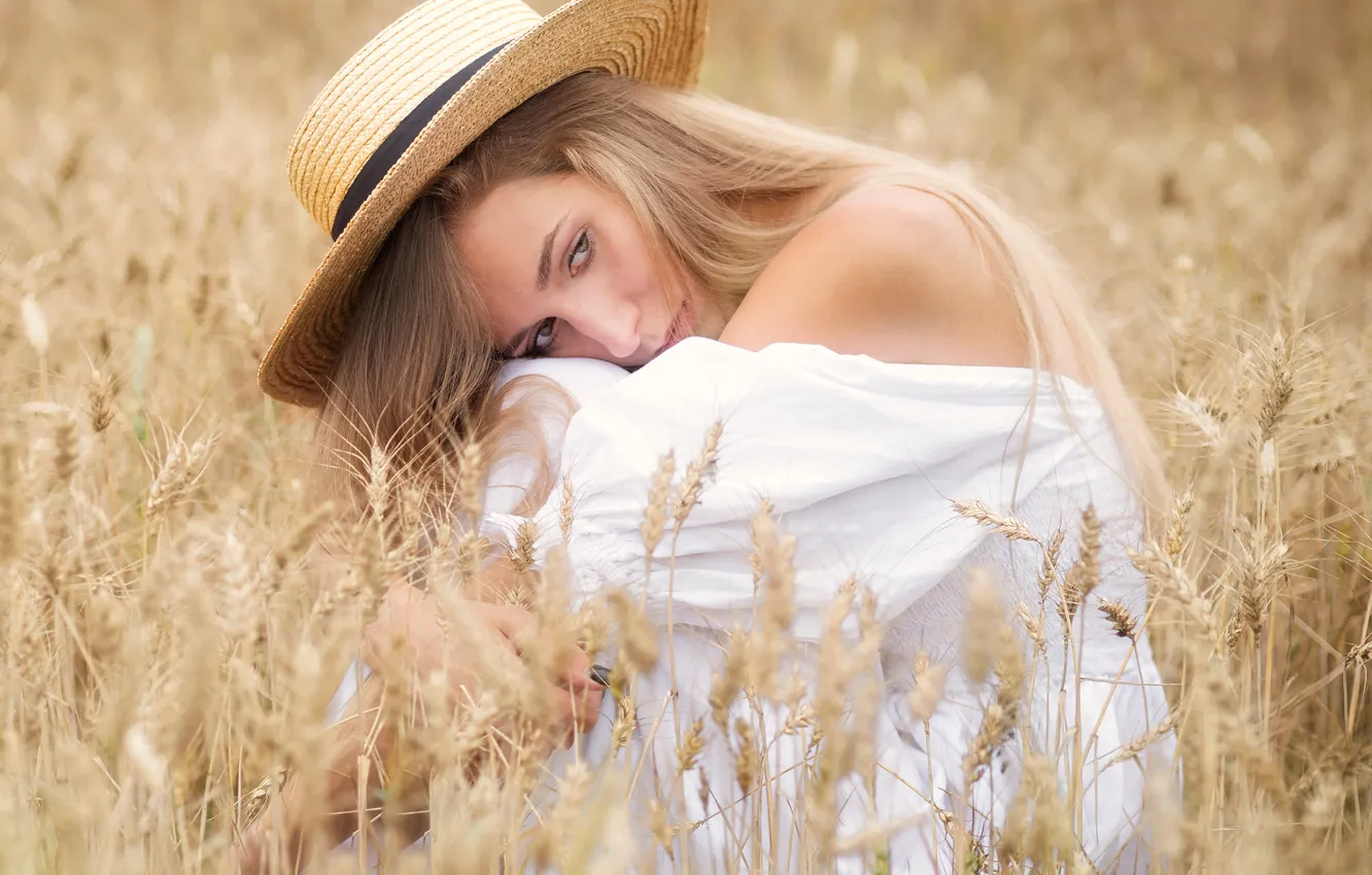 Photo wallpaper field, girl, pose, mood, hat, blonde, ears, long hair