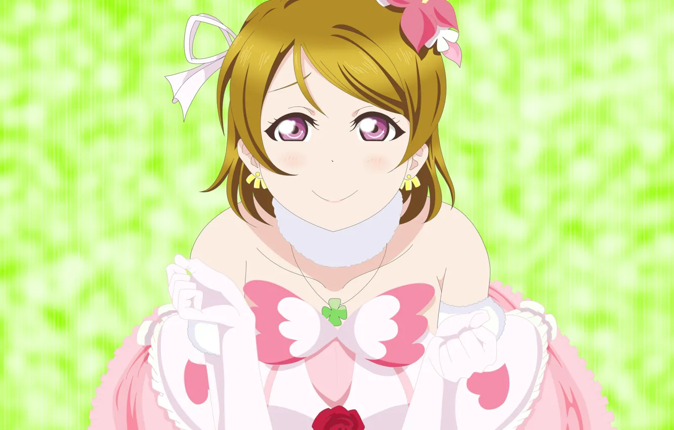 Photo wallpaper look, smile, girl, green background, Love Live School Idol Project, Living love