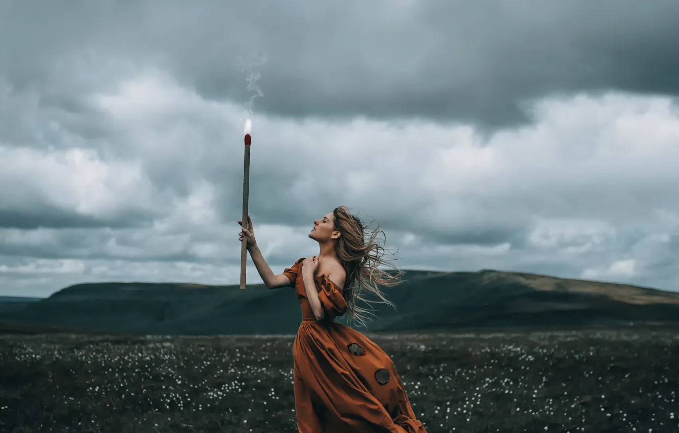 Photo wallpaper girl, the wind, matches, torch, Bird Man, Making your own light