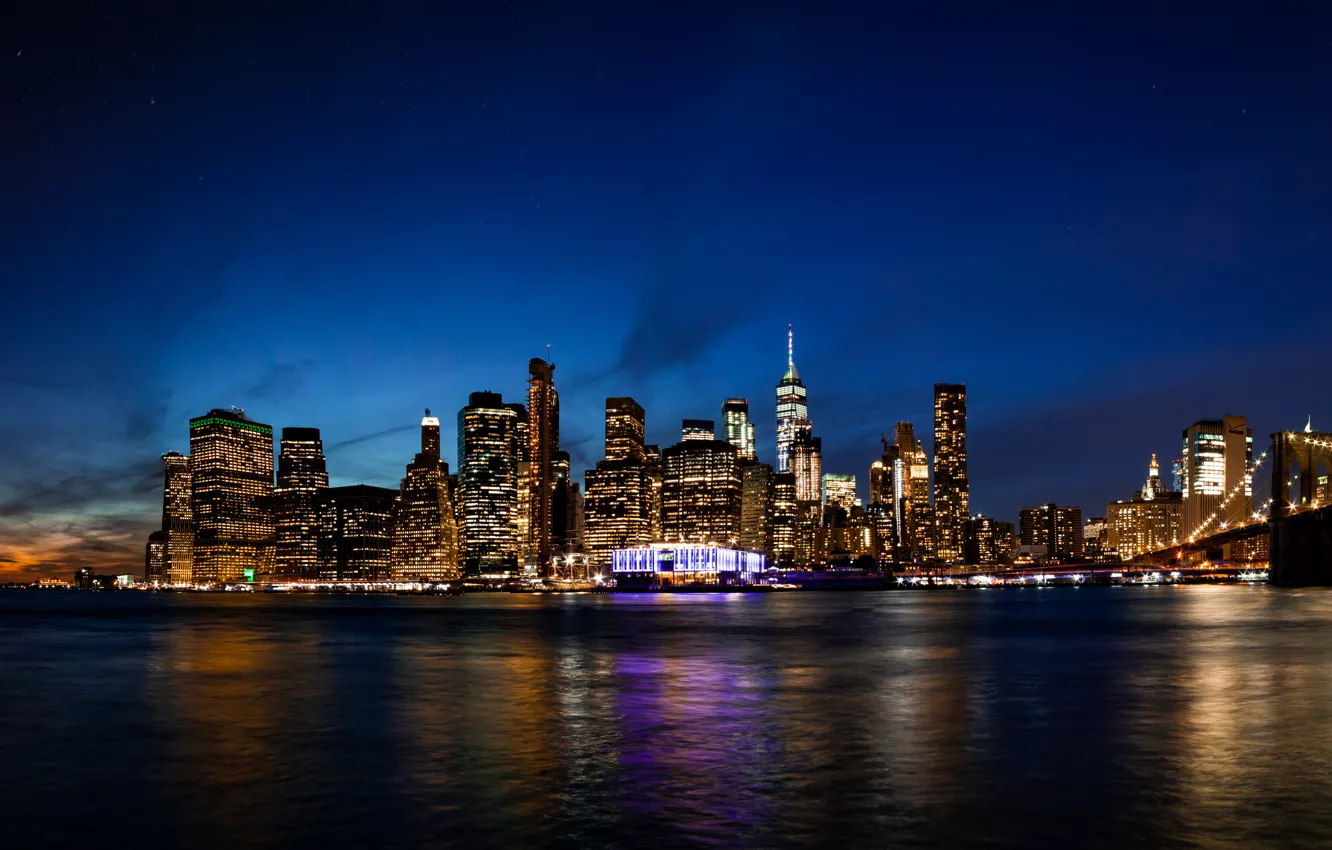 Photo wallpaper city, lights, USA, twilight, river, skyline, water, night