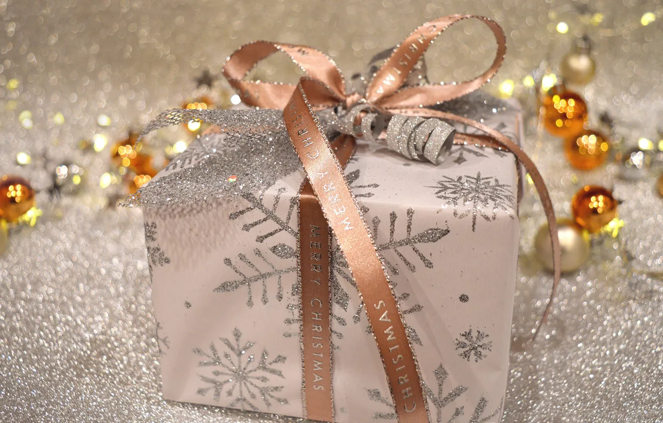 Photo wallpaper balls, lights, holiday, box, gift, Shine, Christmas, tape