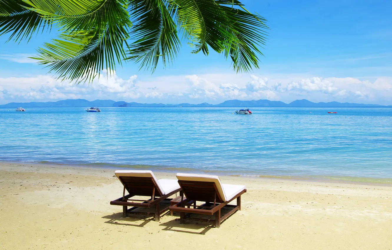 Photo wallpaper sand, sea, beach, summer, the sky, palm trees, summer, beach