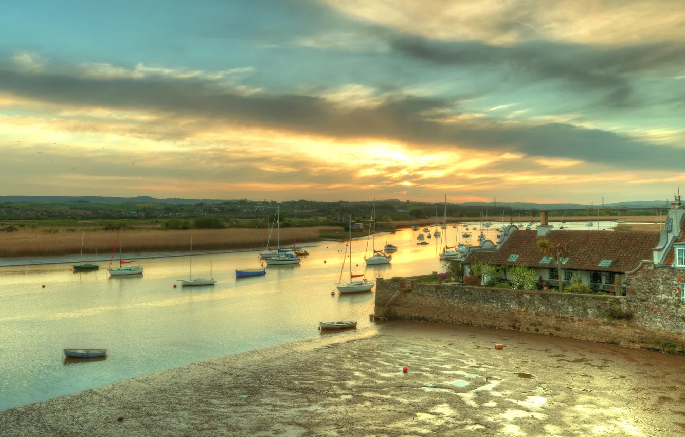 Photo wallpaper the sky, clouds, sunset, river, dawn, shore, boat, building
