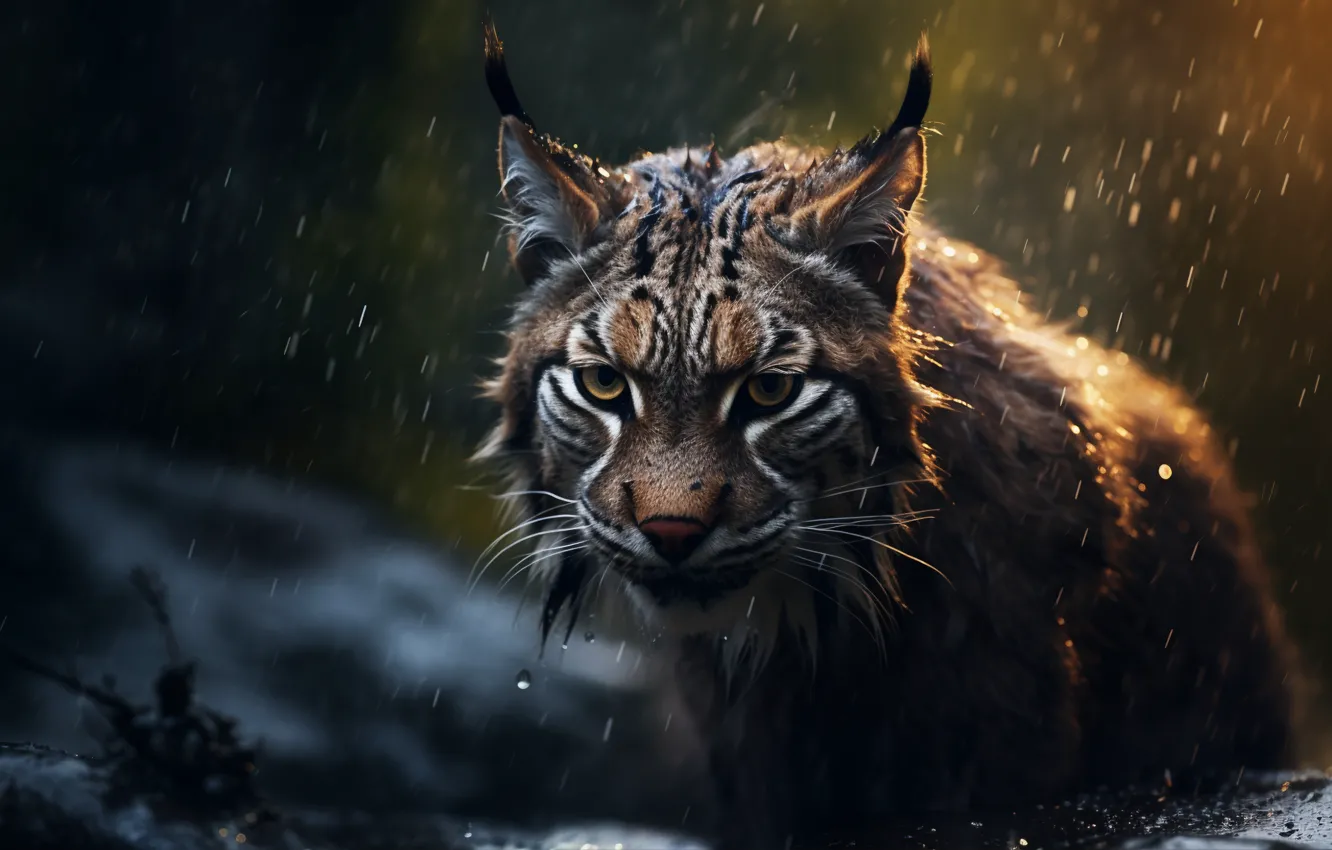 Photo wallpaper Look, Rain, Face, Predator, Lynx, Digital art, Big cat, Wet
