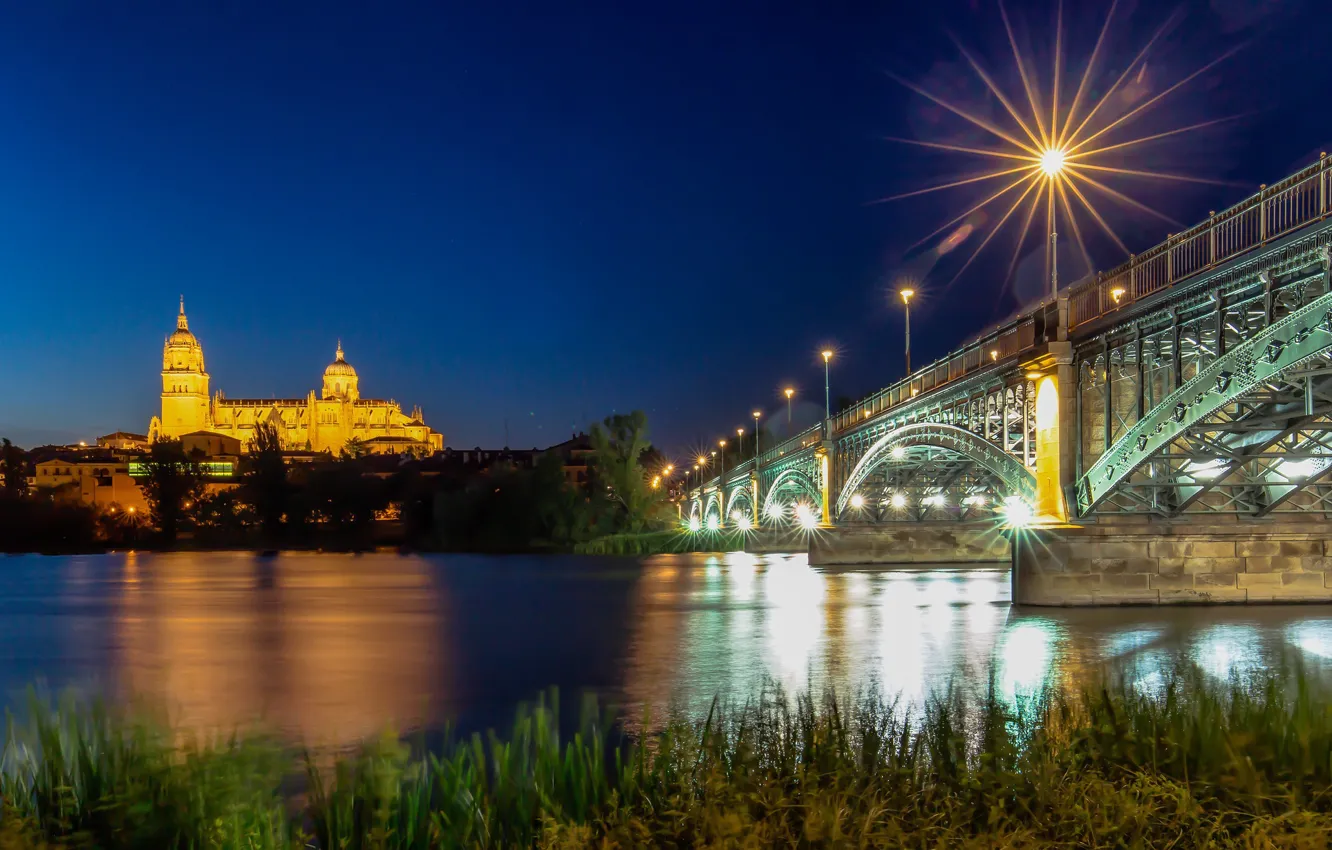 Photo wallpaper bridge, lights, river, the evening, Spain, blue hour, Salamanca