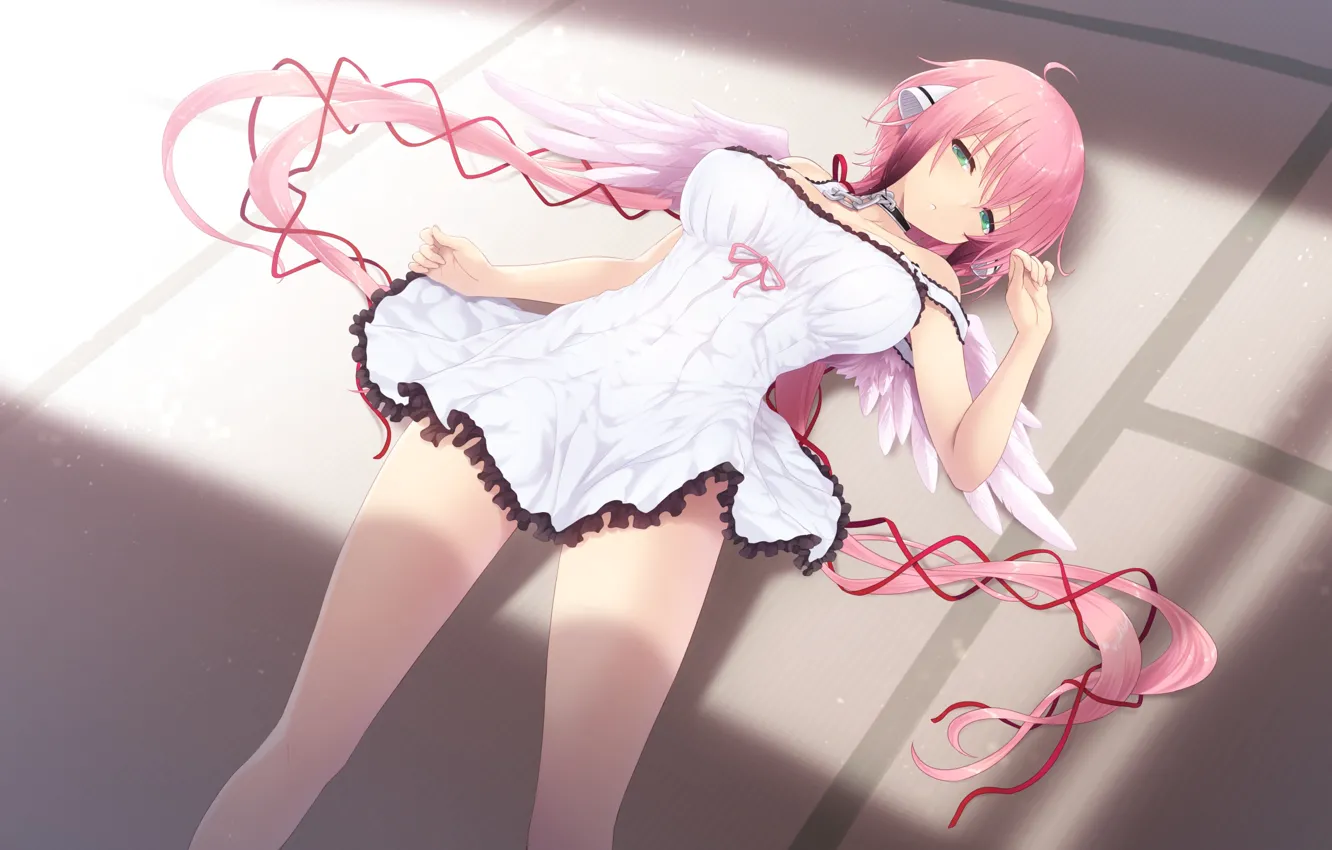 Photo wallpaper girl, white dress, long legs, pink hair, Sora No Otoshimono