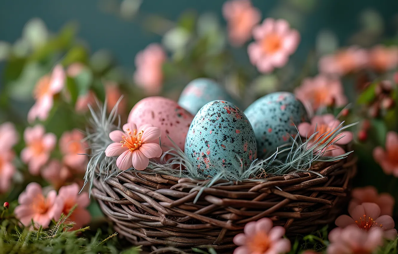 Photo wallpaper flowers, eggs, spring, colorful, Easter, flowers, spring, Easter