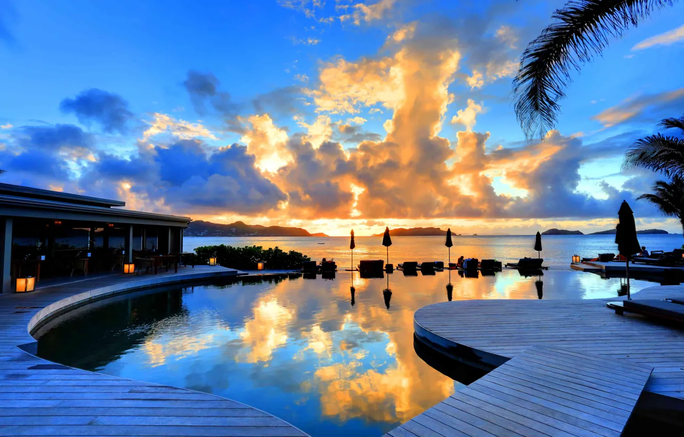 Photo wallpaper sunset, the ocean, the evening, pool, the hotel, sunset, hotel Christopher