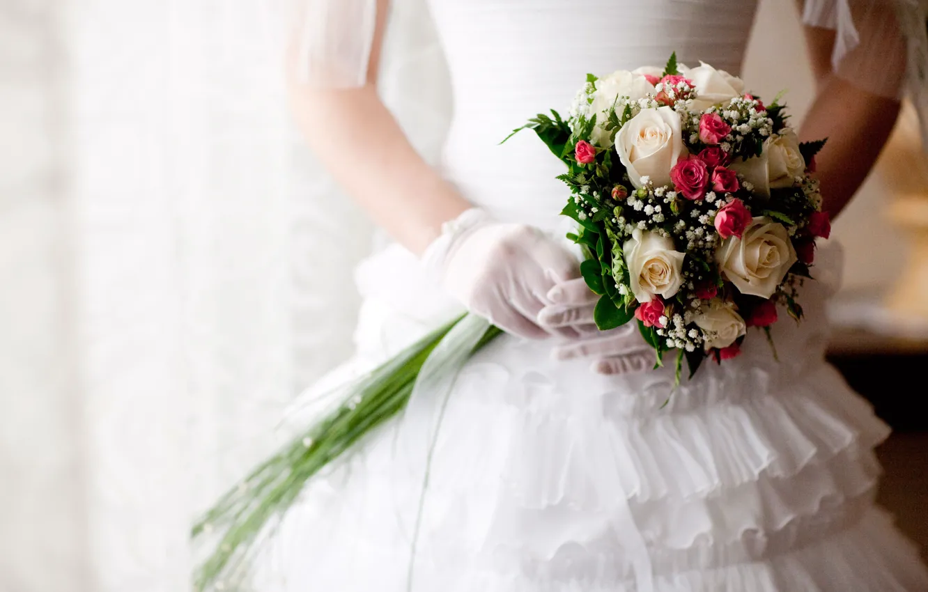 Photo wallpaper white, roses, bouquet, dress, wedding, roses, Wedding