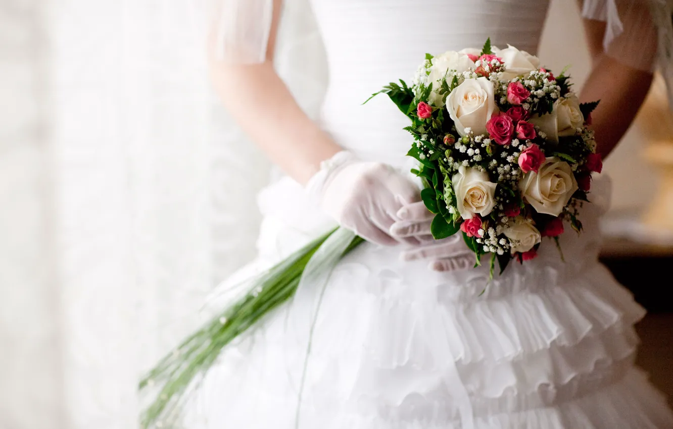 Photo wallpaper white, roses, bouquet, dress, wedding, roses, wedding